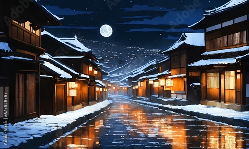 日本の京都の冬の美しい景色、絵画。 古い町並み。雪が積もった石畳に明かりが反射している｜Beautiful winter scenery of Kyoto, Japan, painting. Old townscape. Lights are reflected on the snow-covered cobblestones. Generative AI
