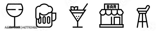 Conjunto de iconos de bar. Bebidas alcohólicas. Copa de vino, cerveza, cóctel, tienda de bar, taburete. Ilustración vectorial