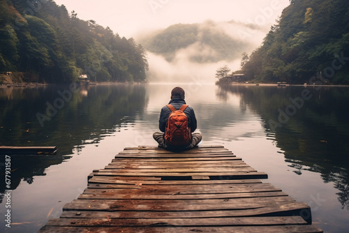 Person with hoodie and orange backpack sitting on a dock gazing at the calm water of serene lake. Created with Generative AI technology