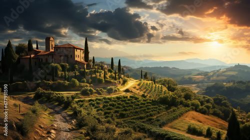 Sunset in region country. Beautiful landscape of Tuscany in spring, summer. Travel, vacation concept. Green hills with river and pine trees. 