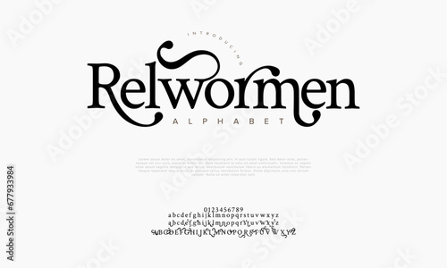 Relwomen premium luxury elegant alphabet letters and numbers. Elegant wedding typography classic serif font decorative vintage retro. Creative vector illustration