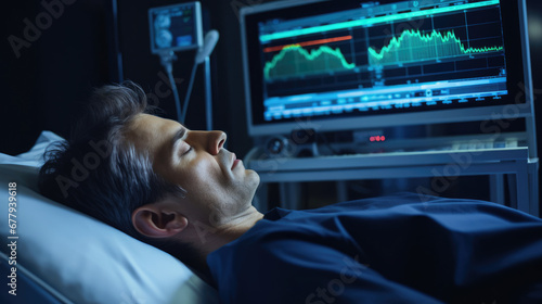 A polysomnogram technician monitoring a patients sleep patterns in a sleep lab