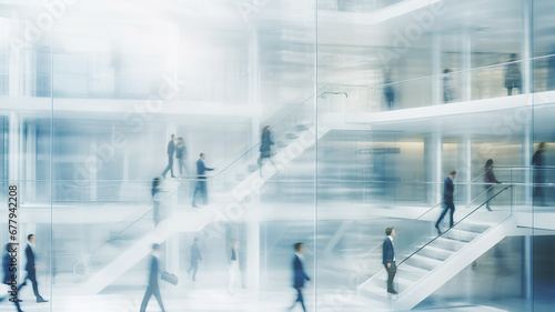 airport lobby, light white abstract background, silhouettes of people in blurry motion, abstract transport hub with stairs and light transitions