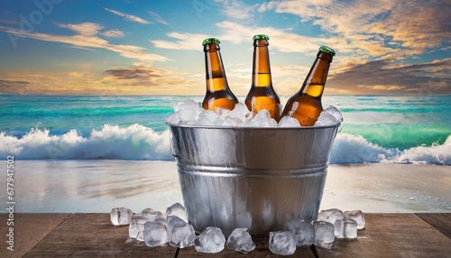  Close-up view of three beer bottles chilling in a metal bucket filled with ice cubes on the beach. Horizontal composition, front view.
