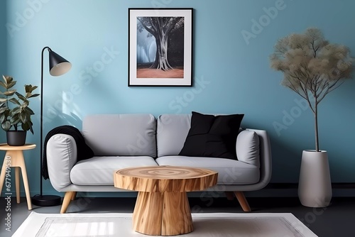 wooden table near black sofa on light blue wall with poster frame. generative ai