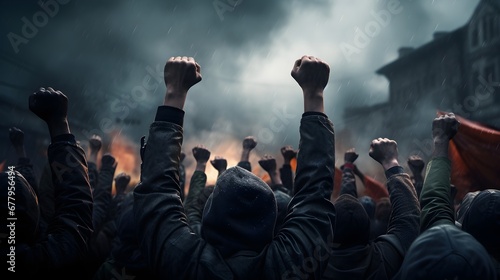 Fists In The Air Protesters During A Riot Smoke In The Background. (Generative AI).