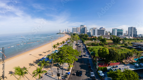 Pattaya Thailand, a view of the beach road with hotels and skyscrapers buildings alongside the renovated new beach road. Pattaya beach road on a sunny day