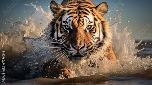 A Tiger Hunting Running towards the Camera through the Muddy Water in the Forest Wild Big Cats Wildlife Ferocious Animal Photography Endangered Species Nature Environmental Conservation Protection