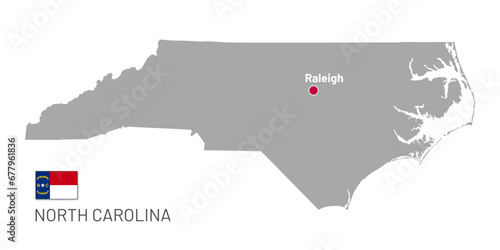 Gray map of of North Carolina, federal state of USA. Silhouette of North Carolina abstract outline editable map with borders, Raleigh capital and flag of American state vector illustration