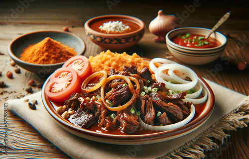 Mexican birria plate with its sauce on the side, portraying delicious street food. 