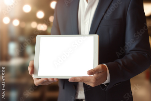 businessman hand holding tablet bokeh style background