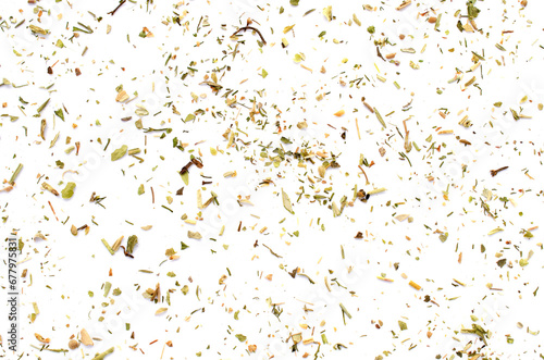 Mixture of dried Provencal herbs isolated on a white background, top view. Pile of natural dried Provencal herbs, top view. Heap of dried Provencal herbs isolated on a white background, top view.