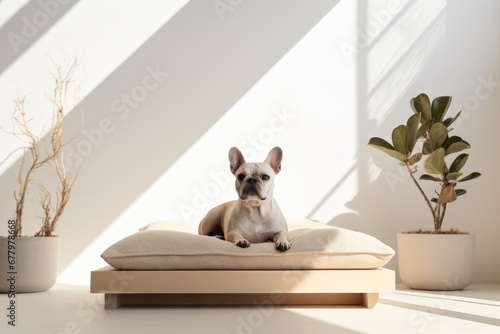 pet dog lies on the sofa cushions in a minimalist Scandinavian light interior