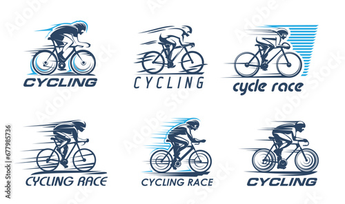 Cycling sport icons with bike racer silhouettes. Road bicycle racing or track cycling vector signs of cyclist men riding bicycles with safety helmets and speed motion trails, sport competition