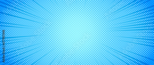 Light blue radial dotted comic background. Speed lines wallpaper with pop art halftone texture. Turquoise anime cartoon rays explosion backdrop for poster, banner, print, magazine, cover. Vector
