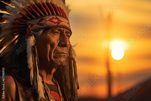 native american old man wearing native dress in front of sunset bokeh style background