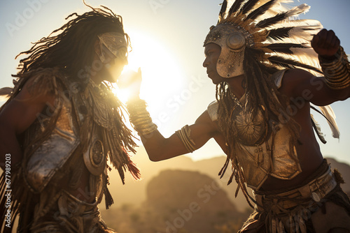 two native american guys wearing native dress dancing in front of sunset bokeh style background