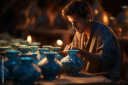 a man making pottery in his workshop bokeh style background