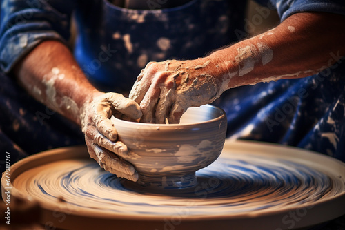 a man making pottery with throwing wheel bokeh style background