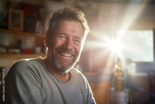a middle aged man smiling in living room bokeh style background