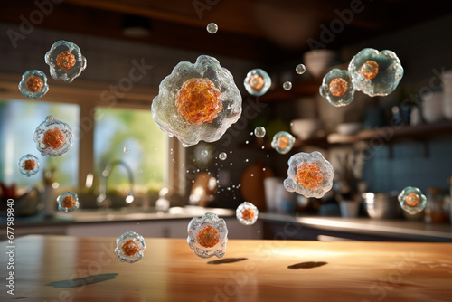 coronavirus spread in the air at kitchen room bokeh style background