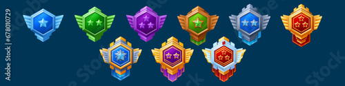Medal and emblem with star, ribbon and wings for game interface level rank design. Cartoon vector illustration set of various colorful hexagon gui medieval award labels and trophy for achievement.