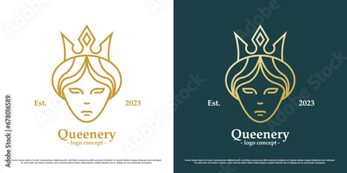 Royal queen logo design illustration. Silhouette of a royal queen's crown, beauty model of a fairy ancestral female princess. Heraldic icon symbol simple elegant glamor modern gradient luxury classy.