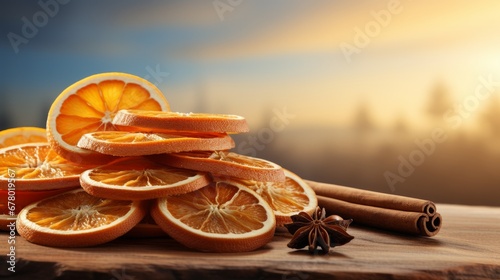 A stack of dried orange slices with cinnamon sticks. AI generate illustration