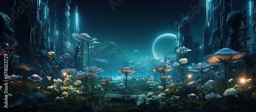 Fantasy fantasy landscape with mushrooms and moon