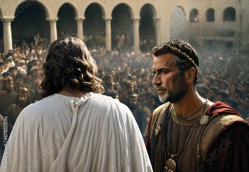 Religious biblical scene concept of Pontius Pilate who presided over the trial of Jesus gave in to the crowd's demands to crucify Jesus.