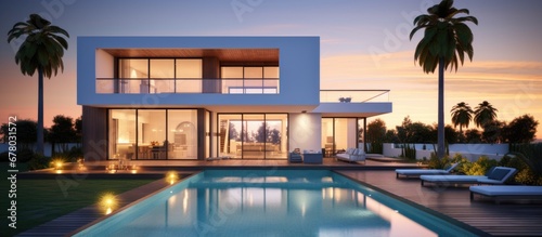 Contemporary home with pool and backyard at sundown Copy space image Place for adding text or design