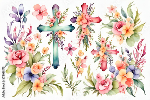 Watercolor pastel Floral crosses illustration
