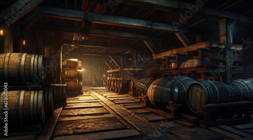 Old cellar with bottles and barrels under castle making wine.