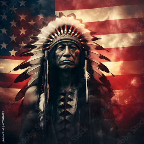 Native American Chief with the American flag behind him. Generative ai. 