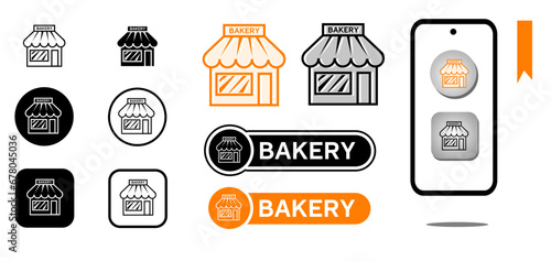 Cafe icon or bakery shop icon set vector design line art illustration, door, windows icon, with mobile mockup vector illustration 