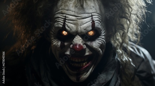 A frightening Halloween face featuring a creepy clown, with a distorted grin, wild hair, and dark, piercing eyes that give a sense of impending horror
