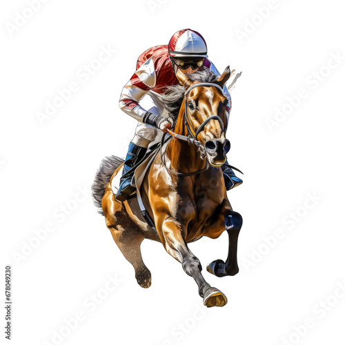 Jockey on Running Horse Isolated on Transparent or White Background, PNG