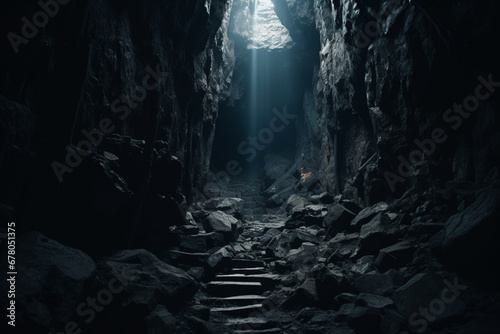 Low angle shot of the exit of a dark cave, aesthetic look