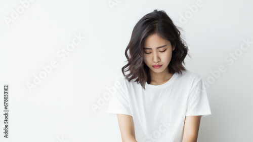 Portrait of a sad asian woman on isolated solid white background