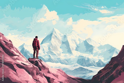 A man stands on a mountain peak, looking at a stunning sky and snowy mountains.