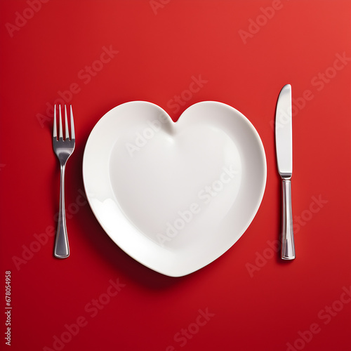 Heart shaped plate with fork and knife. Generative ai. 