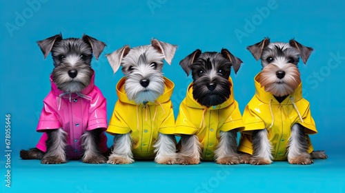 miniature schnauzer puppies in a raincoat on blue background, banner copy space.