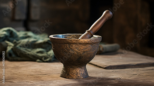 Bronze mortar or pestle on a table