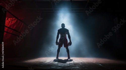 Back view of boxing athlete standing in the boxing ring. Sports and fighting concepts