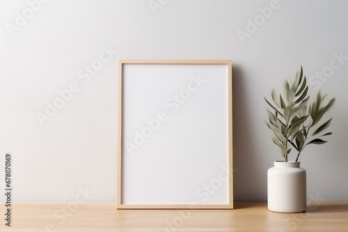 Vertical wood frame for mockup. room interior with mock up photo frame.