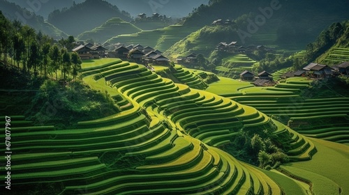 Terraced rice fields in a beautiful green valley