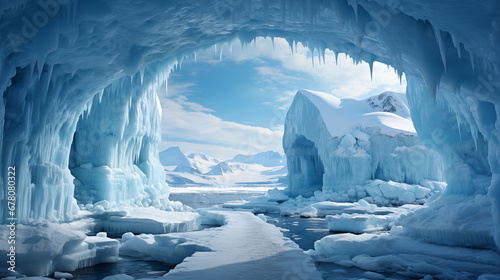Glacial Ice Arch: An arch formed by glacial ice, sculpted by nature's forces, against a backdrop of pristine wilderness