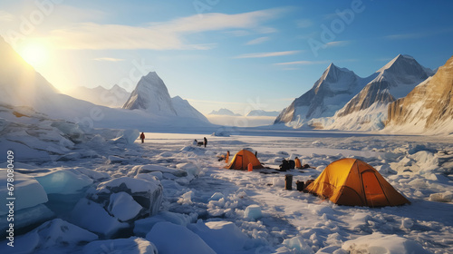 Glacial Expedition Campsite: Tents set up in a glacial wilderness, highlighting the challenges and beauty of expedition life near glaciers