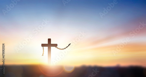 Cross of jesus christ break barrier wire on calvary sunday background
