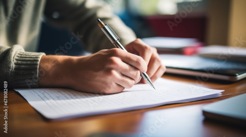 A person's hand is seen writing notes with a pen on a piece of paper, suggesting a moment of study or work at a desk.